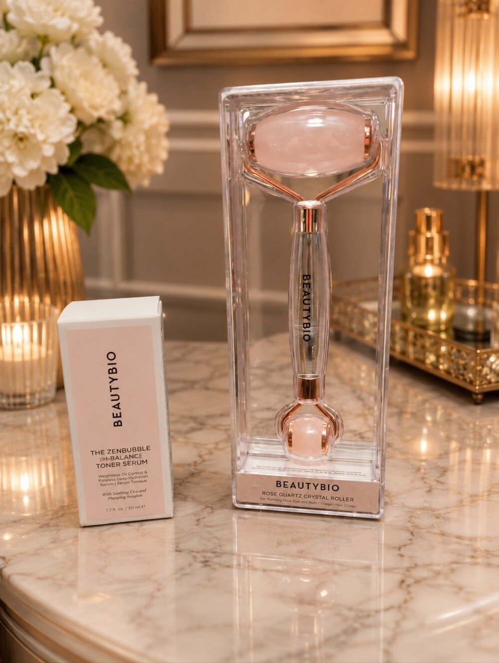 NIB BEAUTYBIO BUNDLE Rose Quartz Roller Set — ZenbubblePink Facial Toner